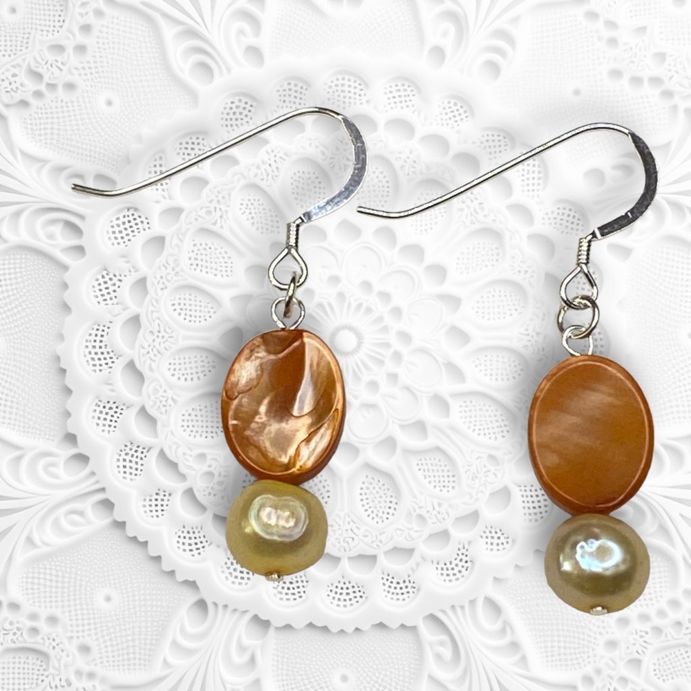 Hand Crafted Pearl Earrings Yellow Orange Freshwater Dangle Authentic Pierced